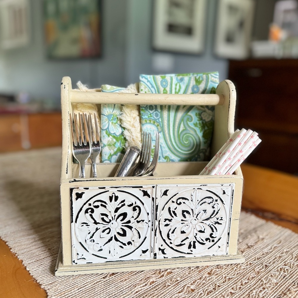 Rustic White and Black Utensil Caddy